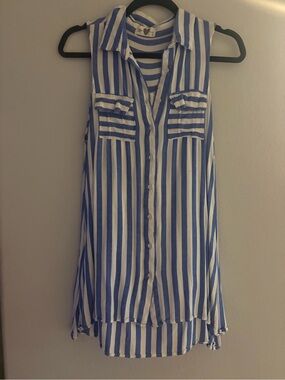 Blue and White Vertical Stripe Sleeveless Button Tunic